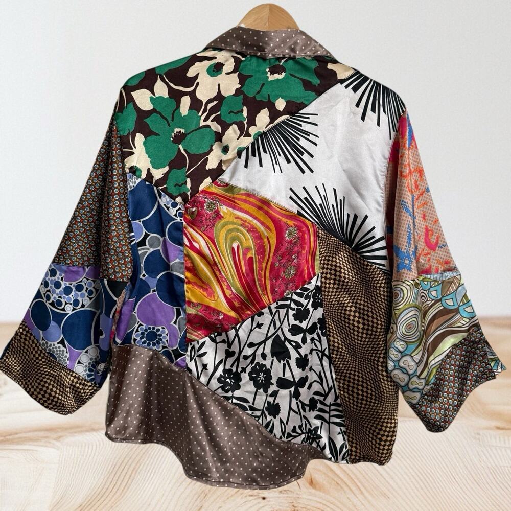 Sacred Threads Patchwork Silky Blouse Top Sz 2X Komono 3/4‎ Sleeves Art to Wear